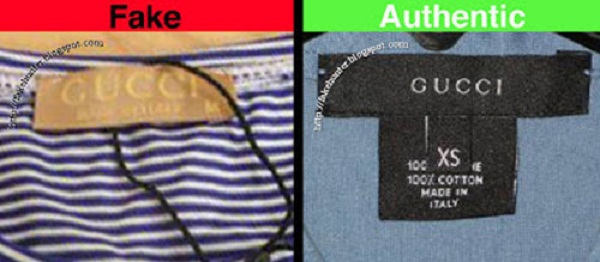 So sánh mác của hai sản phẩm fake (bên trái) và thật (authentic- bên phải).