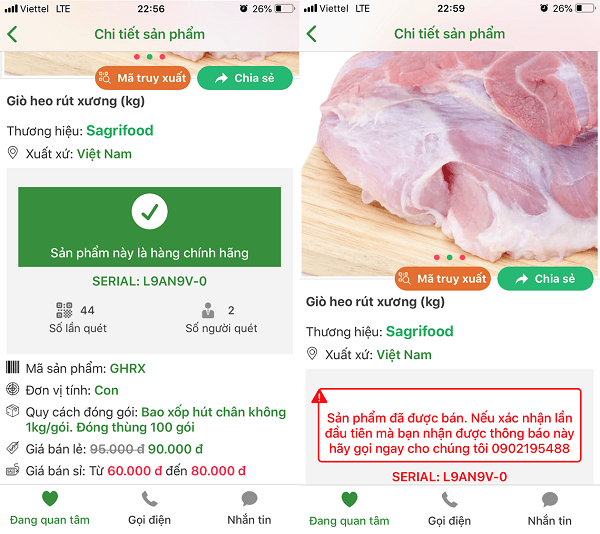 Thông tin sản phẩm sau khi quét tem chống giả (chống giả tích hợp truy xuất nguồn gốc)